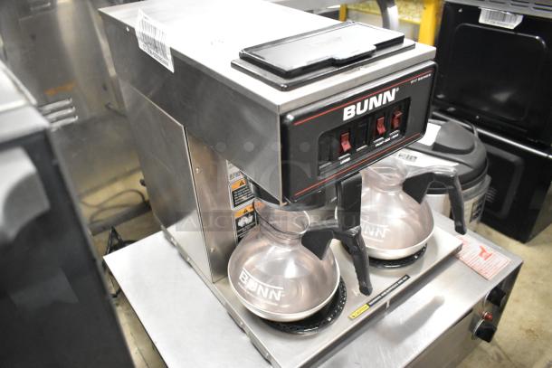 Bunn VP17-3 stainless steel commercial coffee machine with 3 burners and 2 pots, in good condition. 120V, 1 phase.