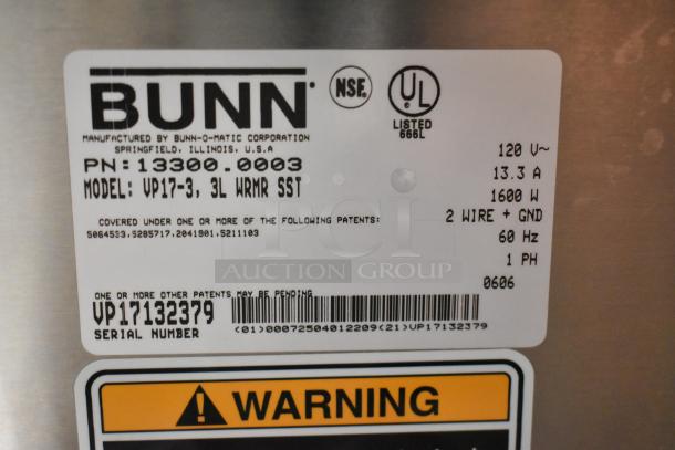 Bunn VP17-3 stainless steel coffee machine label showing model details, power specs (120V, 1600W), and safety certifications.