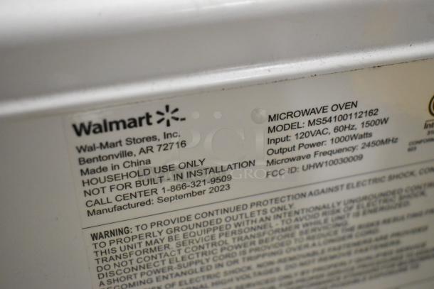 Walmart countertop microwave oven model MS54100112162, 120V, 1 phase, 1000W, with plate. Made in China, manufactured Sep 2023.