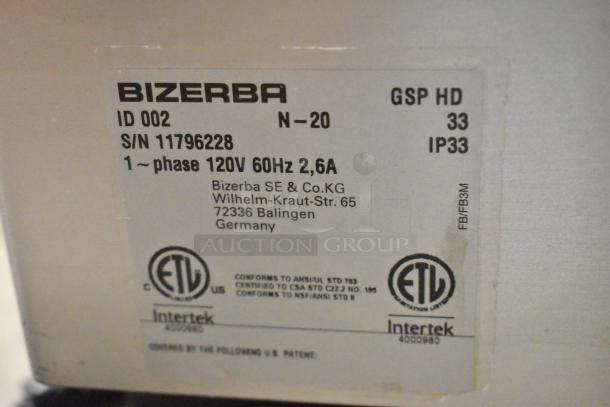 2020 Bizerba GSP HD metal commercial meat slicer label; 120 volts, 1 phase; model details and certifications shown.