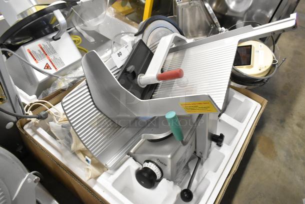 2018 Bizerba GSP H metal commercial meat slicer, 120 volts, 1 phase; features dial controls and blade guard.