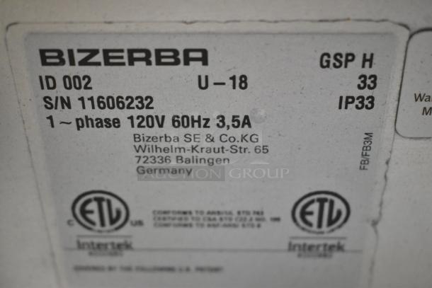 2018 Bizerba GSP H Meat Slicer label showing 120V, 1 phase power specs, serial number, and ETL certification marks.