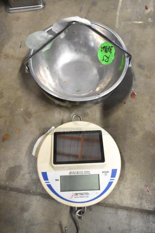 Detecto SCS30 hanging produce scale, 30 lb capacity. Metal bowl, digital display, used condition. Includes 3 scales per bid.