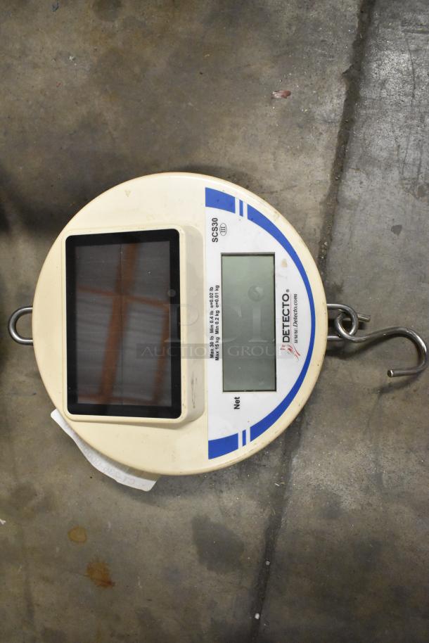 Detecto SCS30 30-pound capacity hanging produce scale, visible screen and hook, used condition.