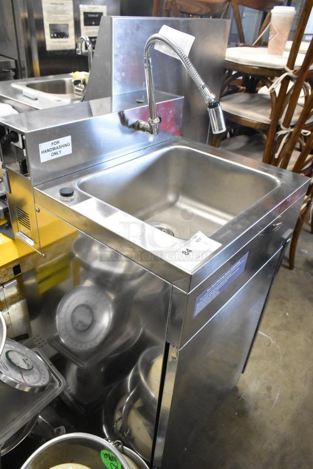 Easy Hardware Hybrid 684 stainless steel single bay sink on casters, labeled for handwashing only, in good condition.