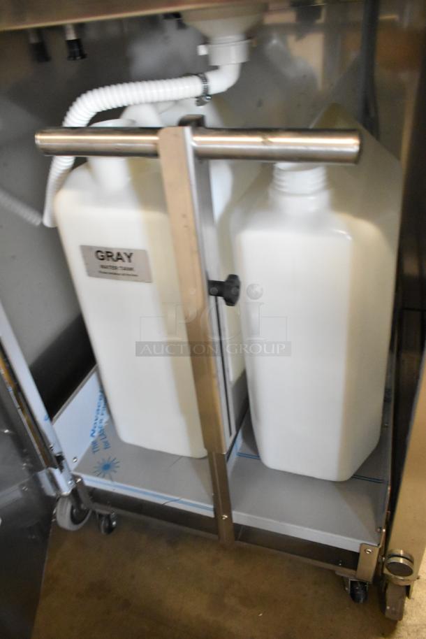 Easy Hardware Hybrid 684 stainless steel portable sink with casters, features water tank labeled "Gray," suitable for commercial use.