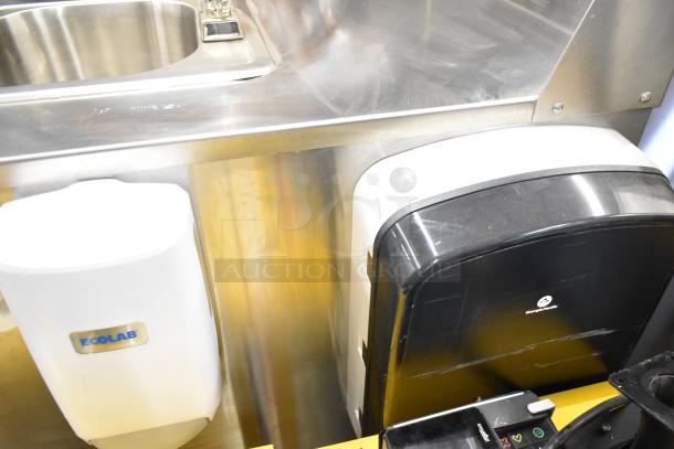 QualServ WMSC24MS stainless steel single bay sink on casters, featuring Ecolab dispenser; commercial use, excellent condition.