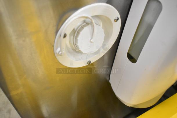 QualServ WMSC24MS stainless steel portable sink detail, showing white cap and fittings. Commercial casters shown.