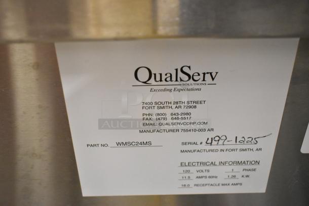 QualServ WMSC24MS stainless steel portable sink, single bay, commercial casters, label with part and serial number visible.
