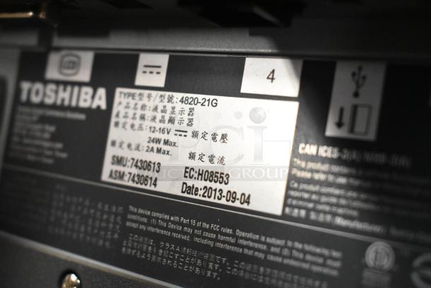 Toshiba Monitor label, model 4820-21G, power specs 24W max, EC:H08553, date 2013-09-04. Part of auction lot.