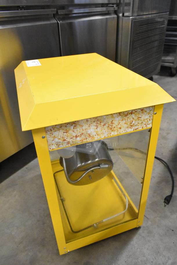 2019 OY-828 Metal Countertop Popcorn Machine in yellow. Model OY-828, 110 Volts, 1 Phase. Clear panels, clean condition.