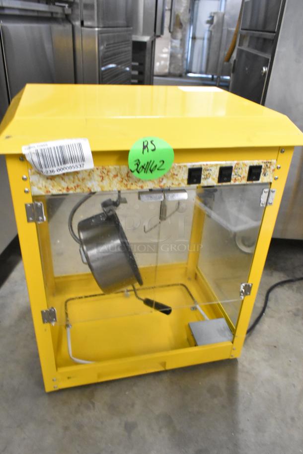 2019 OY-828 Metal Countertop Popcorn Machine, yellow, with glass doors, 110V, 1 Phase, barcode tag visible, model OY-828.