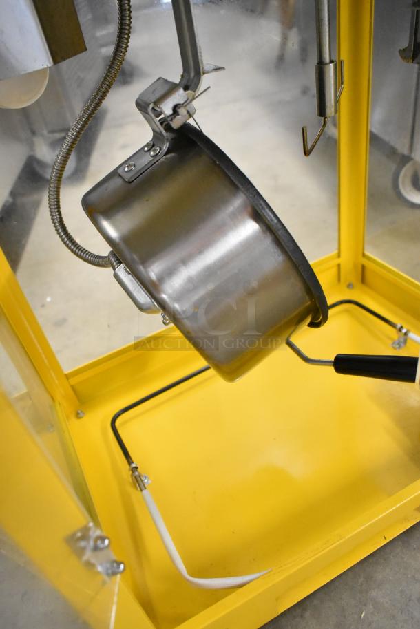 2019 OY-828 Metal Popcorn Machine, yellow frame, sturdy stainless steel kettle, 110 Volts, countertop model.