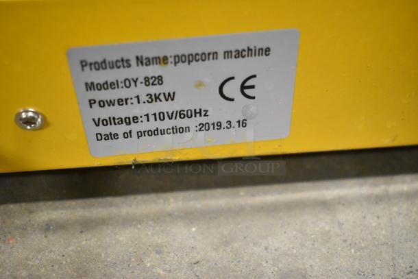 2019 OY-828 Metal Countertop Popcorn Machine, 110V, 1 Phase. Model OY-828 label indicating 1.3KW power and CE mark.