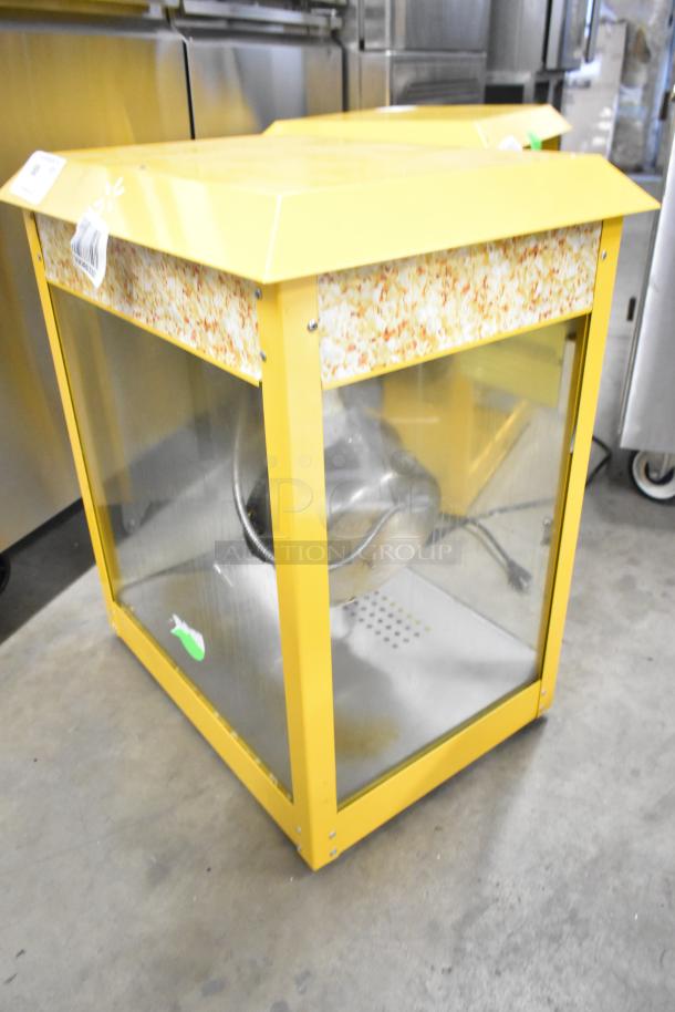 2019 OY-828 Metal Countertop Popcorn Machine, 110V, yellow frame, clear panels, popcorn design strip, excellent condition.