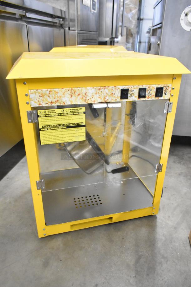 2019 OY-828 metal popcorn machine, countertop model, yellow, 110V, 1 phase. Features control panel, clear front, and warning label.