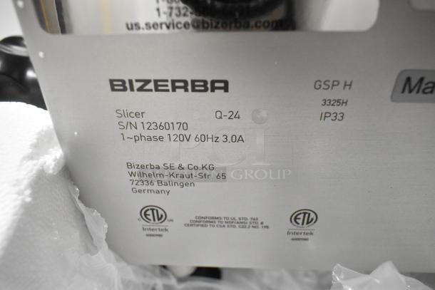 2024 Bizerba GSP H Metal Commercial Countertop Meat Slicer with labels showing model, serial number, and voltage details.