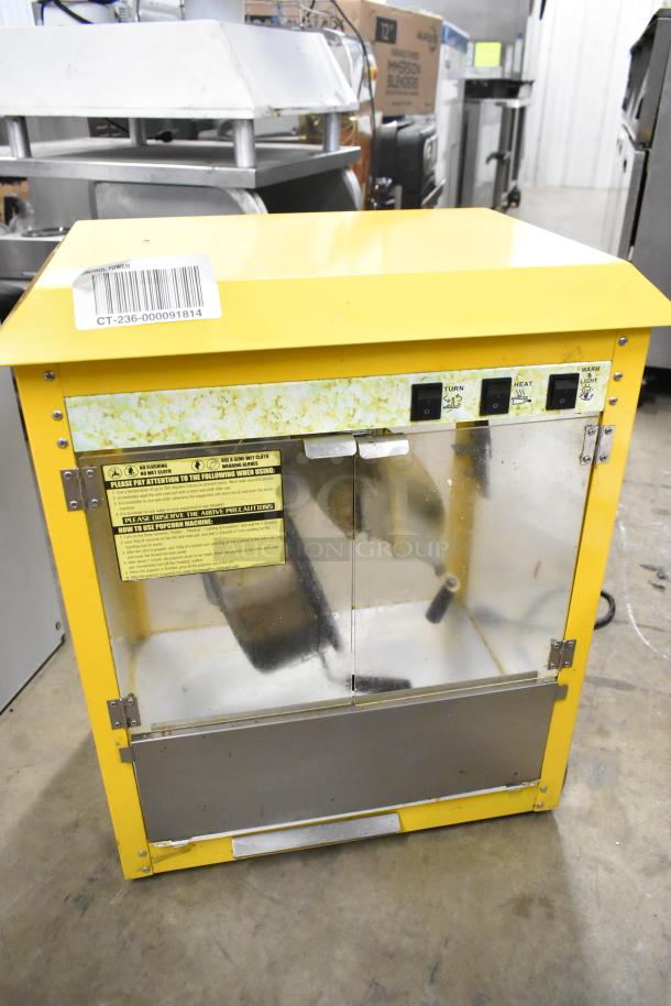 2019 OY-828 Metal Countertop Popcorn Machine, 110V, 1 Phase. Features user controls and instruction labels. Used condition.