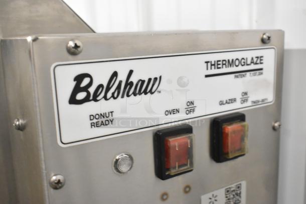 Belshaw TG50 Thermoglazing Station, stainless steel, commercial casters, 208V, 1 phase, control panel with labeled switches.