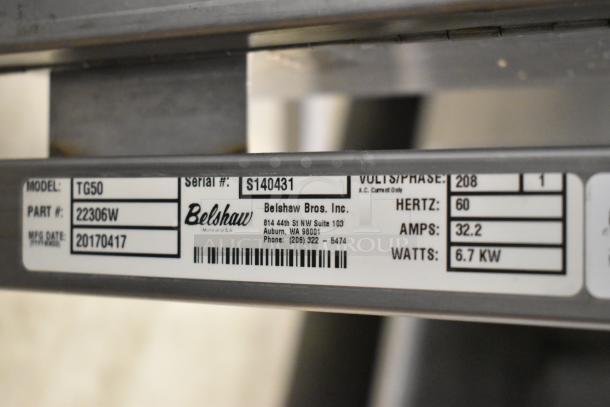 Belshaw TG50 Thermoglazing Station label, serial S140431, 208V, 1 Phase, 32.2 Amps, 6.7 KW, 2017 manufacturing date.