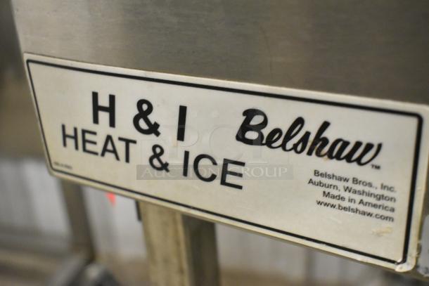 Belshaw H&I-4 Heat & Ice Glazing Station, stainless steel, commercial casters, 208-240V, 1 phase, label shown.
