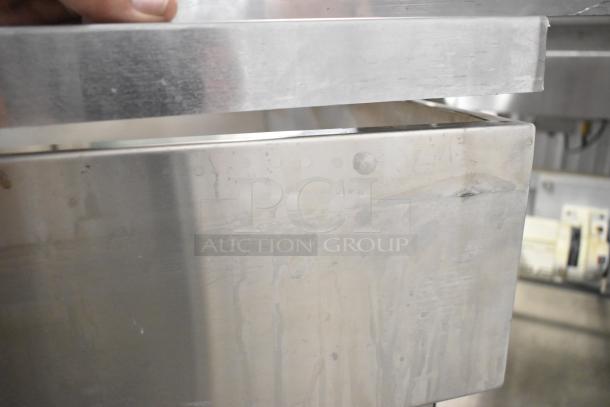 Belshaw Adamatic H&I-4 stainless steel glazing station, commercial casters, visible wear, 208-240V, 1 Phase.