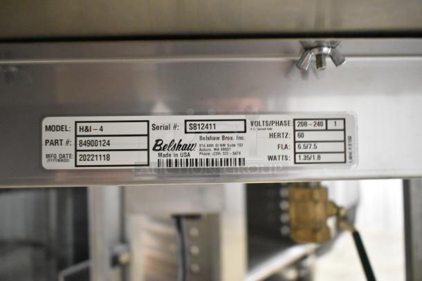 Belshaw Adamatic H&I-4 stainless steel commercial glazing station label, showing model, serial, and electrical specifications.
