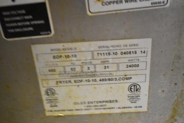Giles EOF-24 stainless steel 2-bay deep fryer, center dumping station, 480V, 3-phase, on commercial casters. Serial: 71119-10.