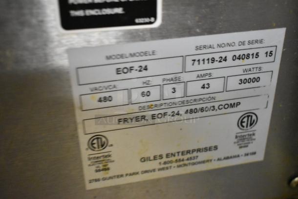 Giles EOF-24 stainless steel electric fryer, 480V, 3-phase, with 2 bays and center dumping station, on commercial casters.