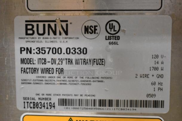 Bunn ITCB-DV Stainless Steel Iced Tea Machine label showing model, 120V, 1 Phase, UL, and NSF certifications.