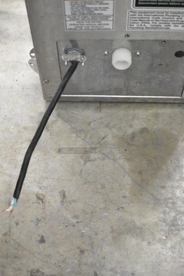 Bunn ITCB-DV stainless steel iced tea machine backside; visible power cord and connection; 120 volts, 1 phase.