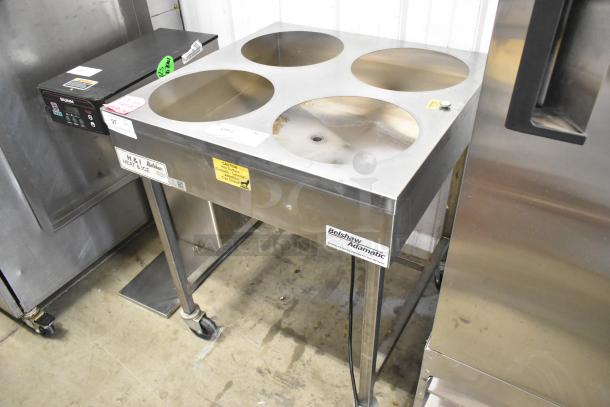 Belshaw Adamatic H&I-4 stainless steel commercial glazing station on casters, 208-240V, 1 phase, tags visible.