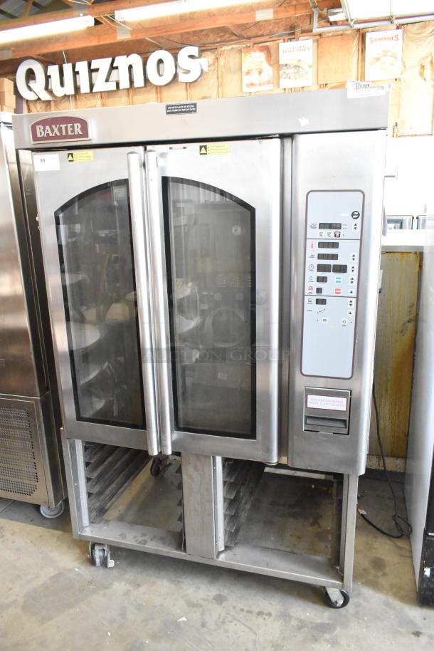 Baxter stainless steel rotating rack oven, natural gas, dual pan rack, commercial casters, control panel, good condition.