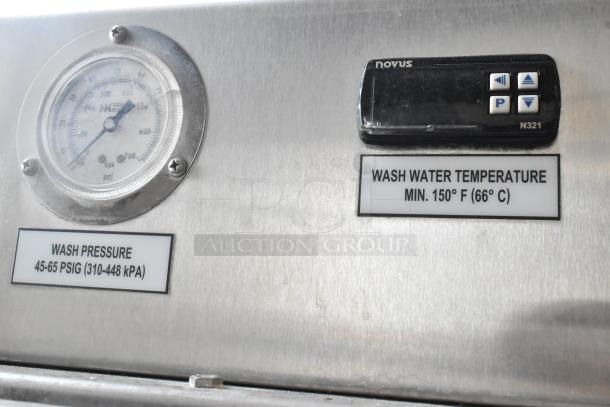 LVO FL14E stainless steel commercial pot and pan washer controls showing wash pressure and water temperature labels.