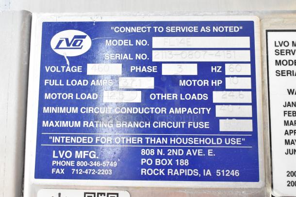 LVO FL14E stainless steel commercial washer label, showing 460V, 3 phase, 10HP, full load 37.1A. For non-household use.