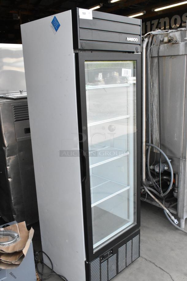 2019 Habco SE18 commercial cooler, single door, poly coated racks, 115V, excellent condition, labels visible.