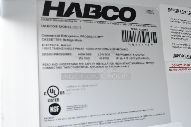 Label on 2019 Habco SE18 Commercial Cooler, showing model details, 115V, 1 phase, UL and NSF certified, with refrigeration specs.