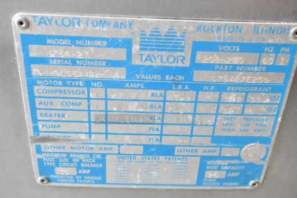 Taylor 754-27 Stainless Steel Soft Serve Ice Cream Machine, 2 Flavor w/ Twist, on Casters, 208/230V, 1 Phase, Serial H9105444.