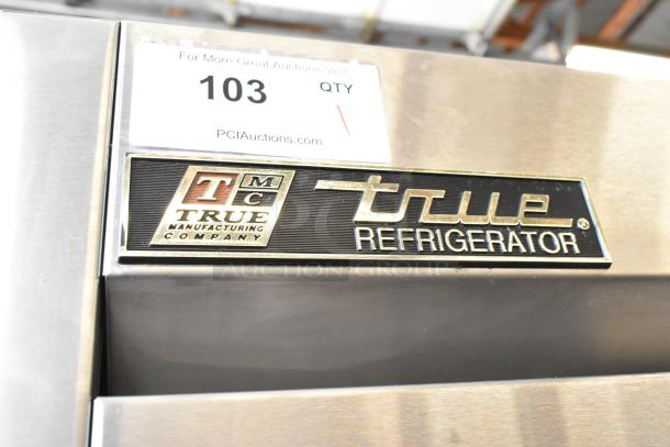 True T-35 stainless steel commercial 2-door reach-in cooler with visible brand logo, poly-coated racks, 115 volts, 1 phase.