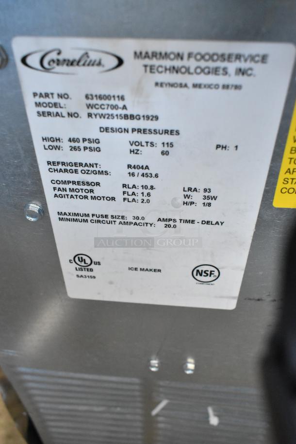 Cornelius WCC700-A stainless steel commercial ice machine label, 115 volts, 1 phase. Model and serial numbers detailed.