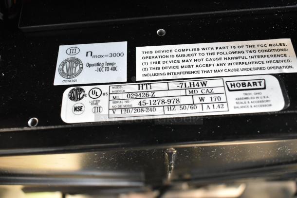 2023 Hobart HTi Metal Commercial Food Portioning Scale, 120/208-240V, 1 Phase; UL-listed label details visible.