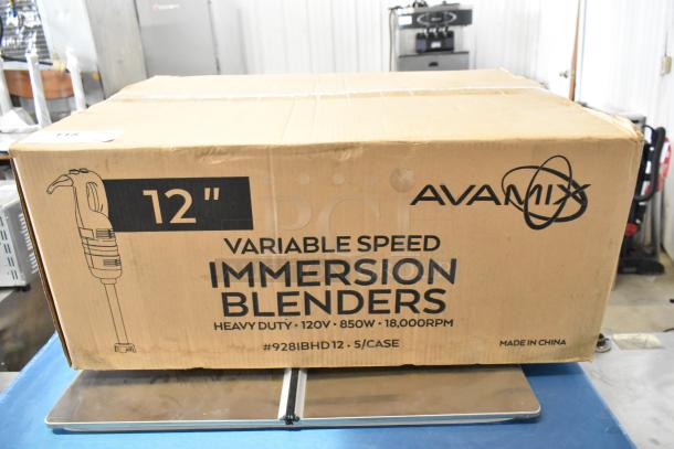 Box of 5 new AvaMix 928IBHD12 12" heavy-duty immersion blenders. Variable speed, 1 1/4 hp, 120V. Scratch and dent.