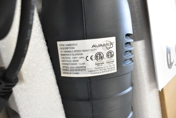 AvaMix 928IBHD12 12" heavy-duty immersion blender, 1 1/4 hp, 120V. ETL certified label visible, brand new condition.