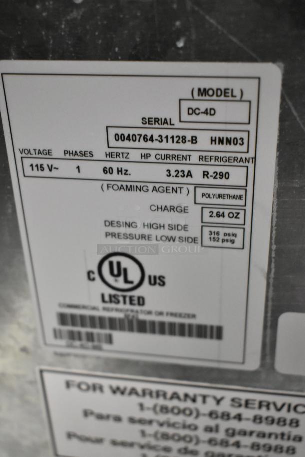 BRAND NEW 2022 Master-Bilt DC-4D Chest Freezer label; 115V, 1 Phase; R-290 refrigerant; UL listed.