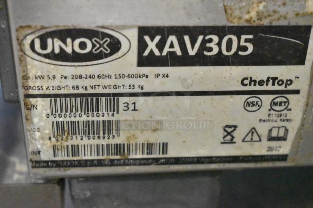 Unox Cadco XAV305 convection oven, stainless steel, commercial countertop, 208-240V, 68kg gross weight, NSF certified.