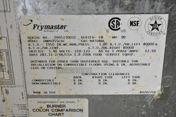 Frymaster FMPH255CSC commercial fryer label showing 80,000 BTU details, natural gas use, and certifications.