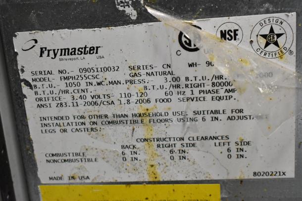 Frymaster FMPH255CSC label showing model details and certifications. NSF and CSA approved, 80,000 BTU, natural gas.