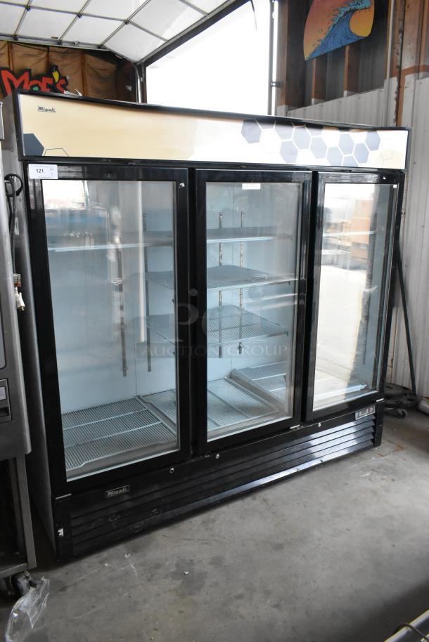 2018 Migali C-72FM 3-door reach-in freezer with poly-coated racks, glass doors, black frame, 115/208-230 Volts, 1 Phase.