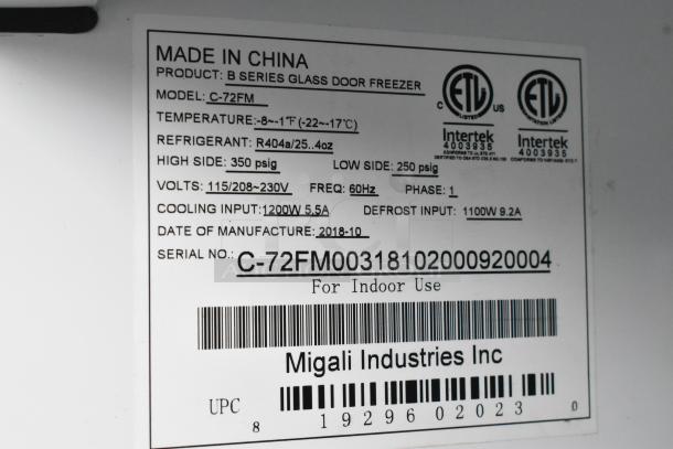 Label of 2018 Migali C-72FM 3-door commercial freezer; volts: 115/208-230, 1 phase; temperature: -8 to -1°F. Made in China.