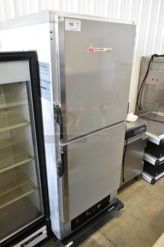 Metro C199-M(1)N-B heated holding cabinet, 2 half-size doors, metal, on commercial casters. 120 volts, 1 phase, good condition.